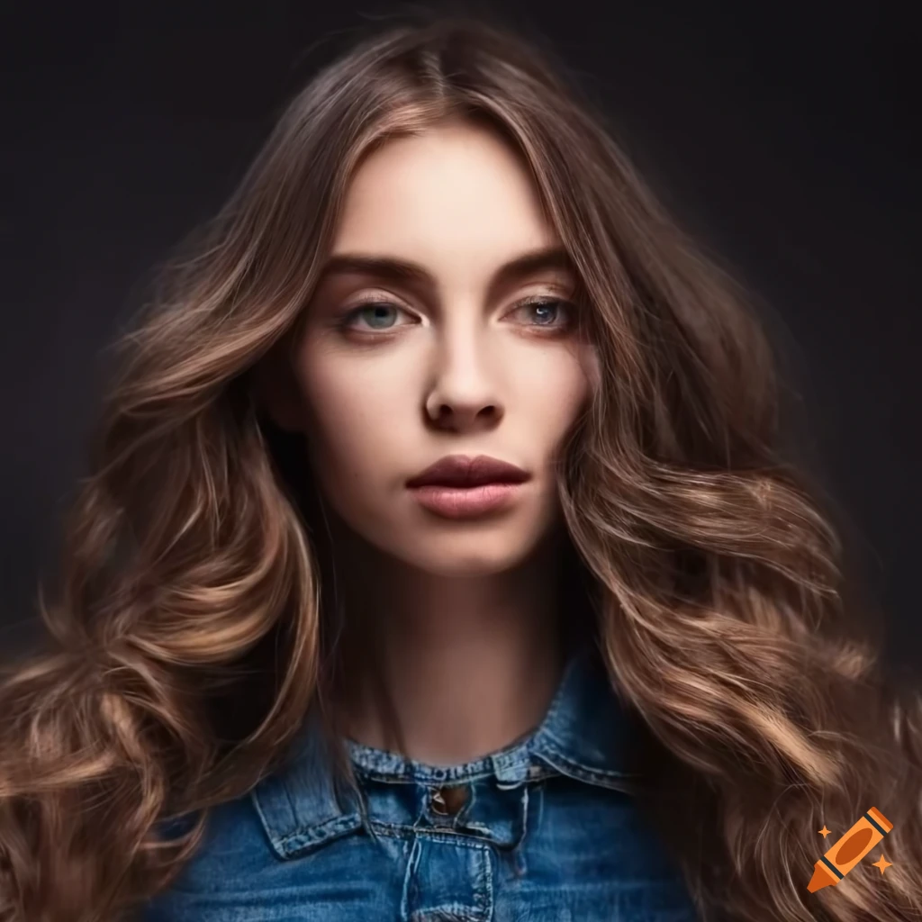 Portrait of a young woman with wavy brown hair and navy eyes in denim