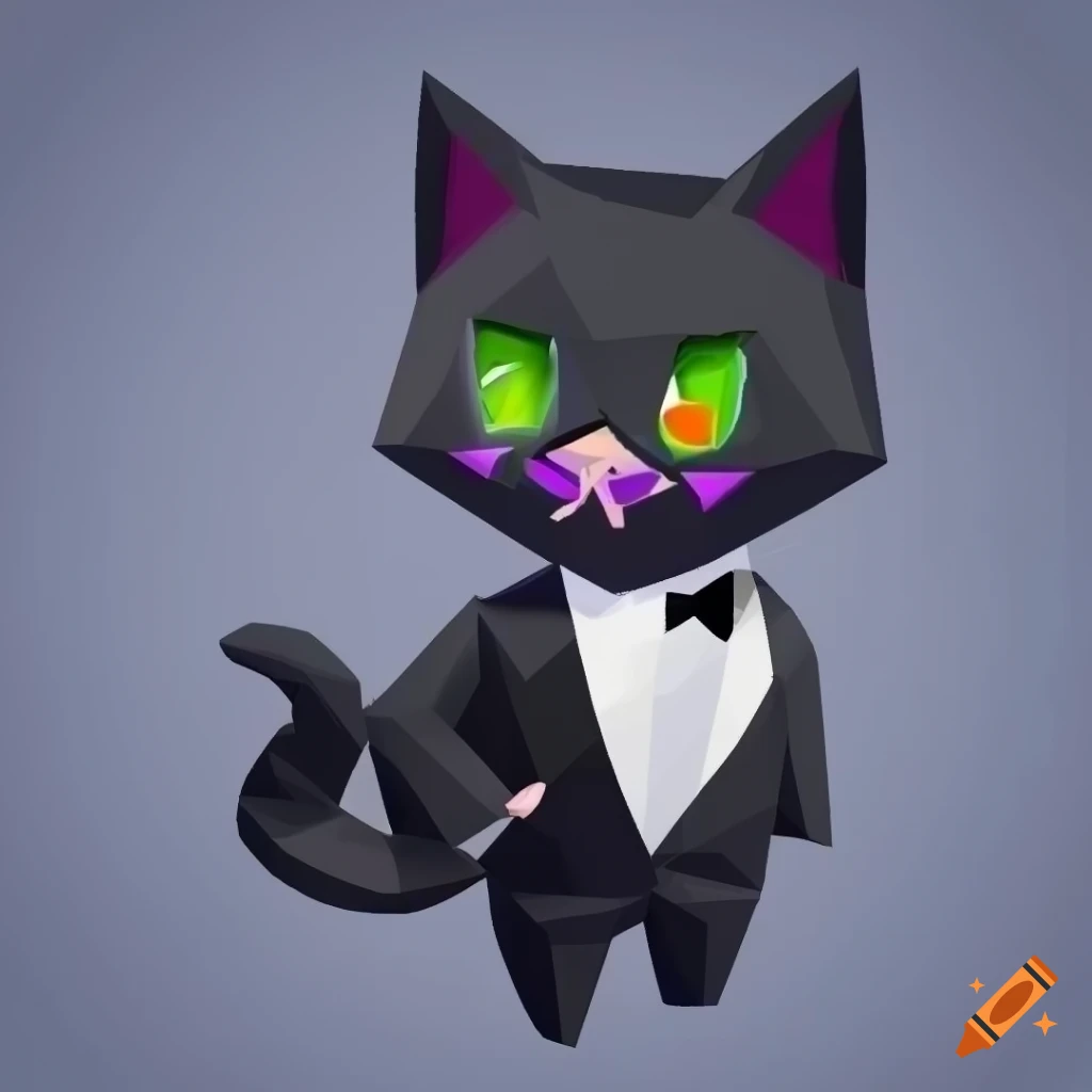 low-poly chibi evil villain kitty cat gang leader in black tux
