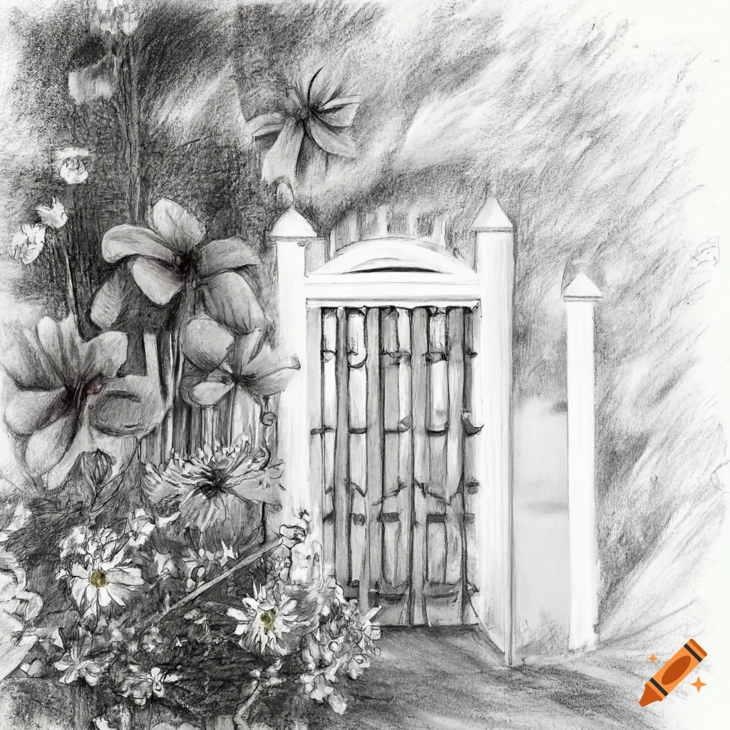 Black and white line drawing of a sunlit flower garden on Craiyon