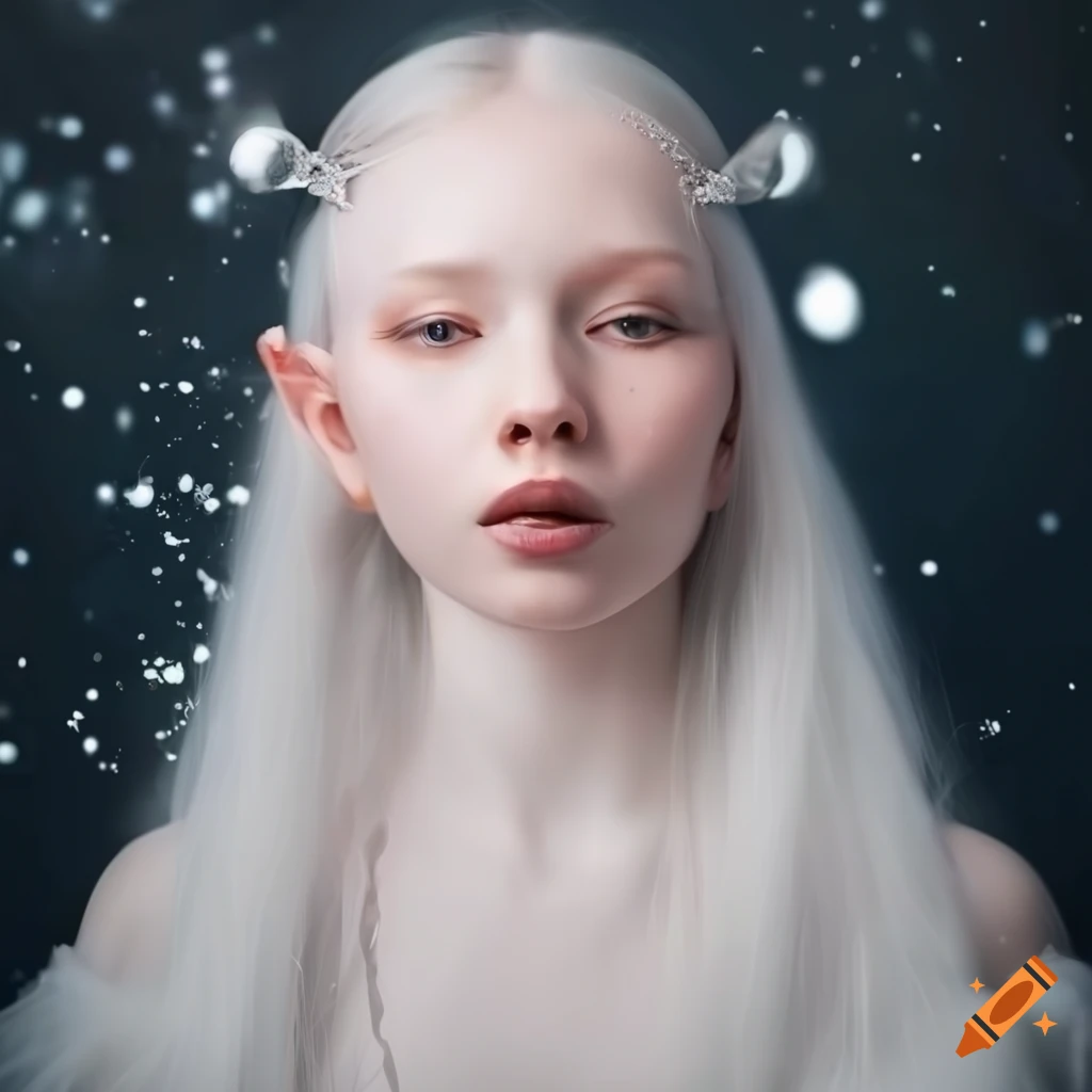 Young albino russian woman with beautiful delicate russian features,  pale-grey eyes, long hair, snowy background, silver crown, elf ears, regal  queen princess on Craiyon