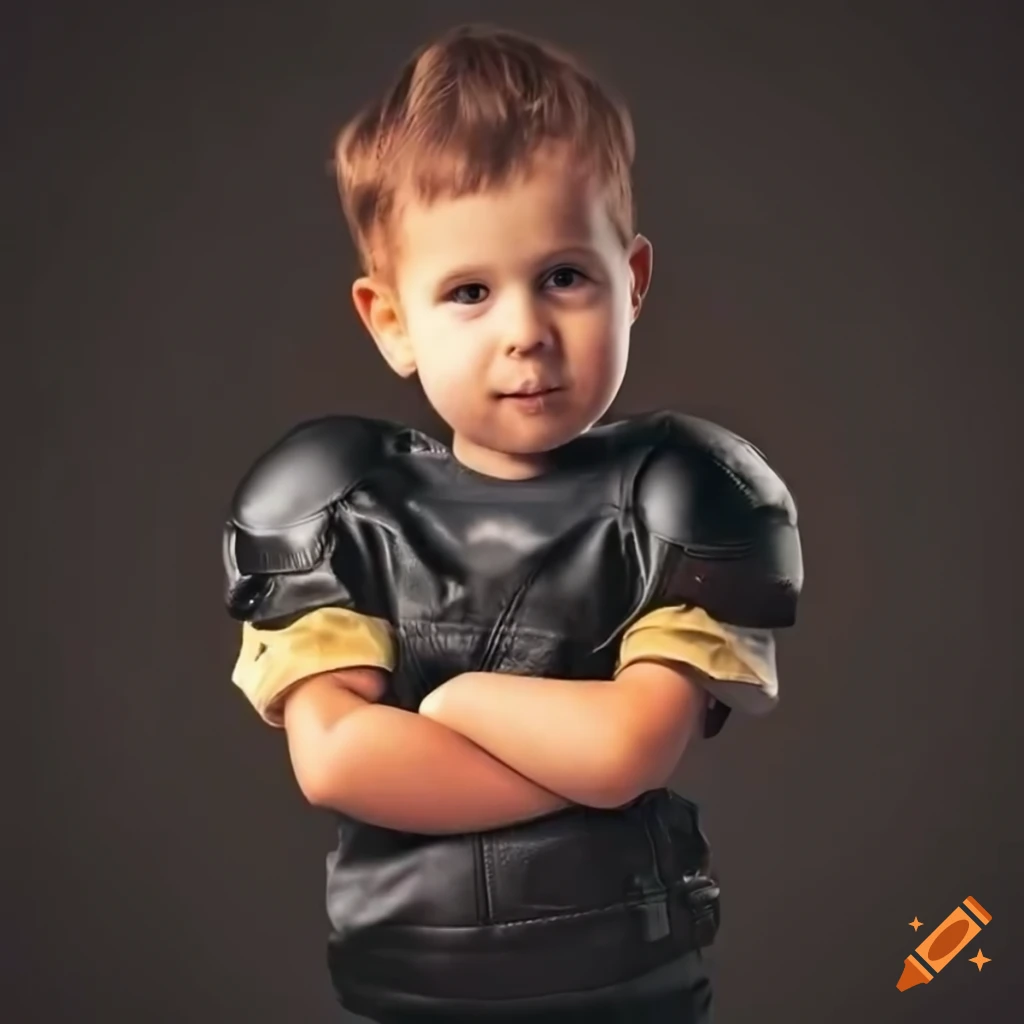 Spanish toddler boy in full black leather american football kit with