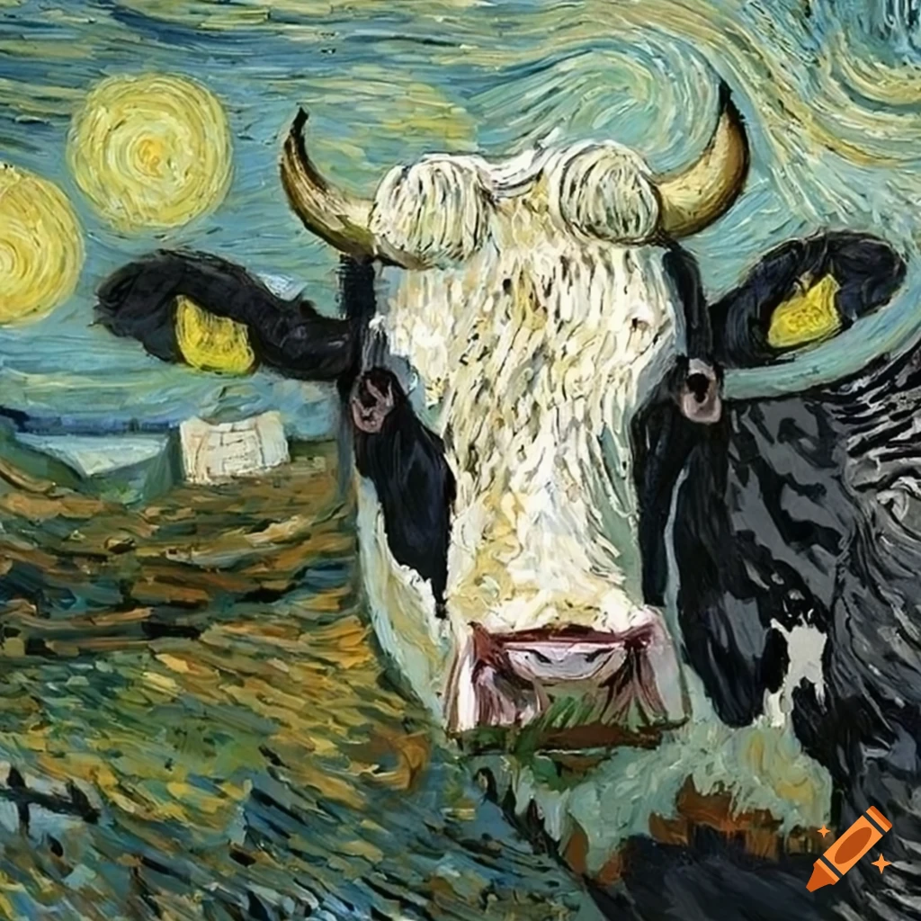 Two Black and white cows inspired by van gogh