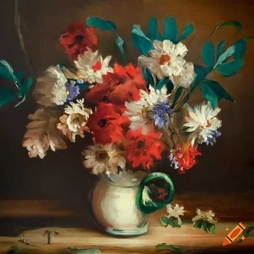 A detailed vintage painting with blooming flowers in a vase on a table
