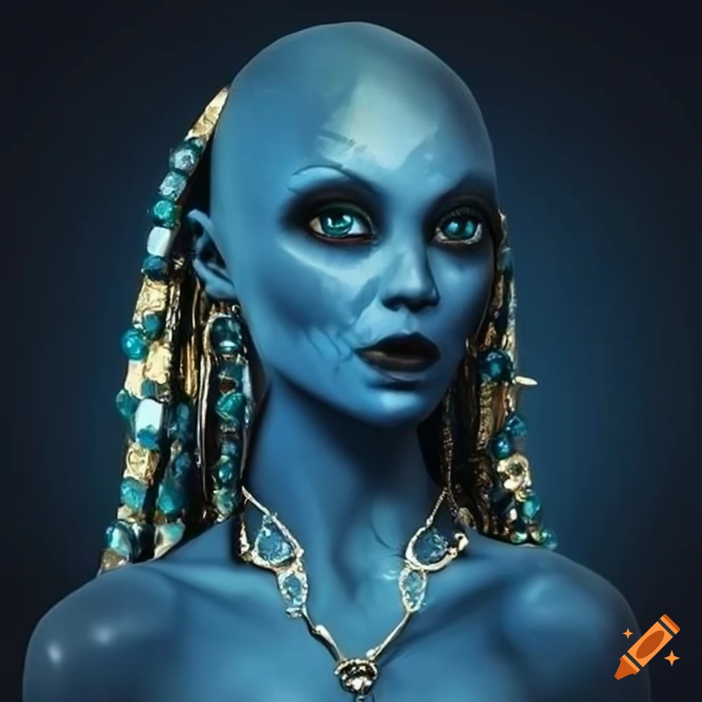 Alien Woman With Blue Skin And Black Hair Wearing Jewelry From Gold With Emeralds Rubys And 