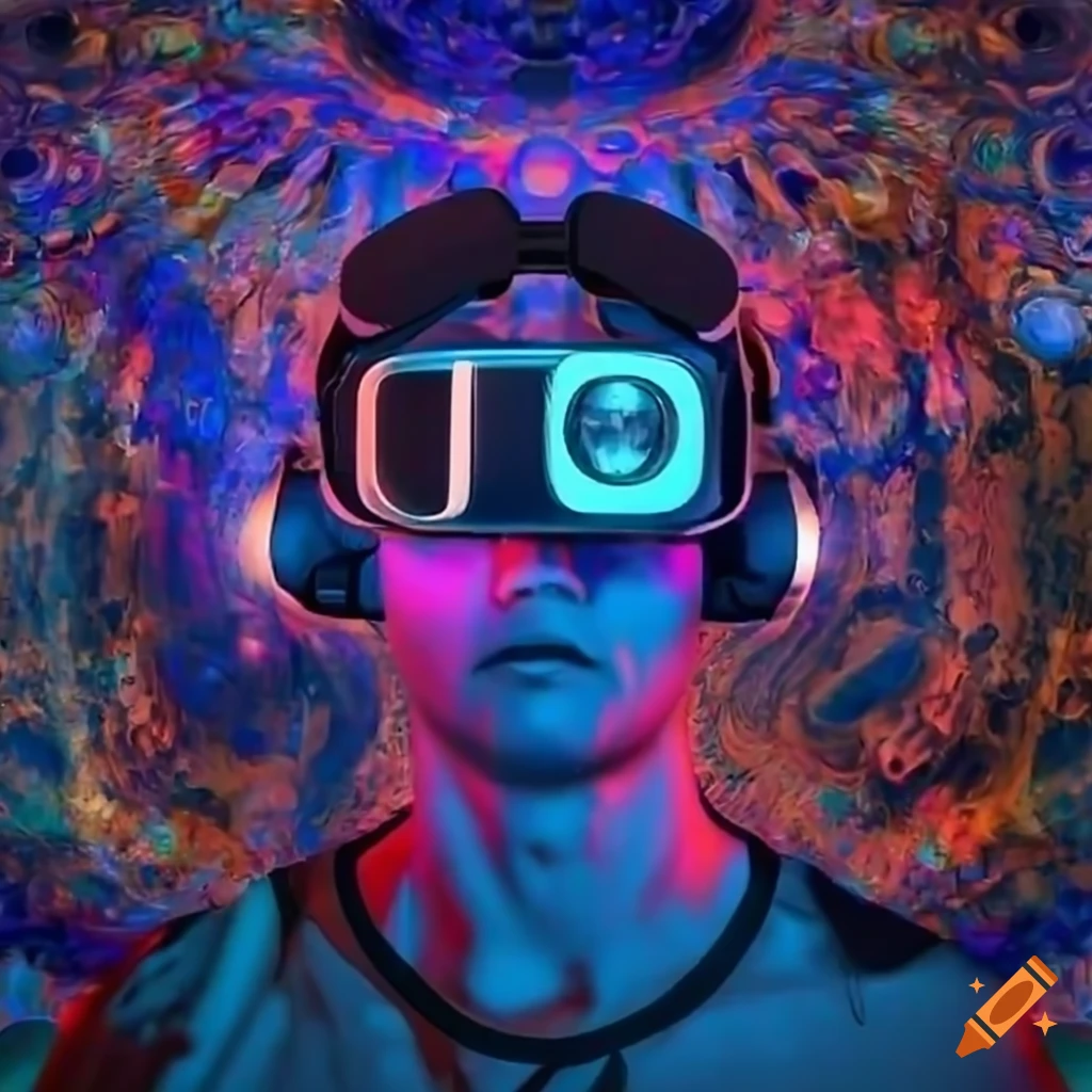A person wearing a vr headset, immersed in a psychedelic virtual world ...