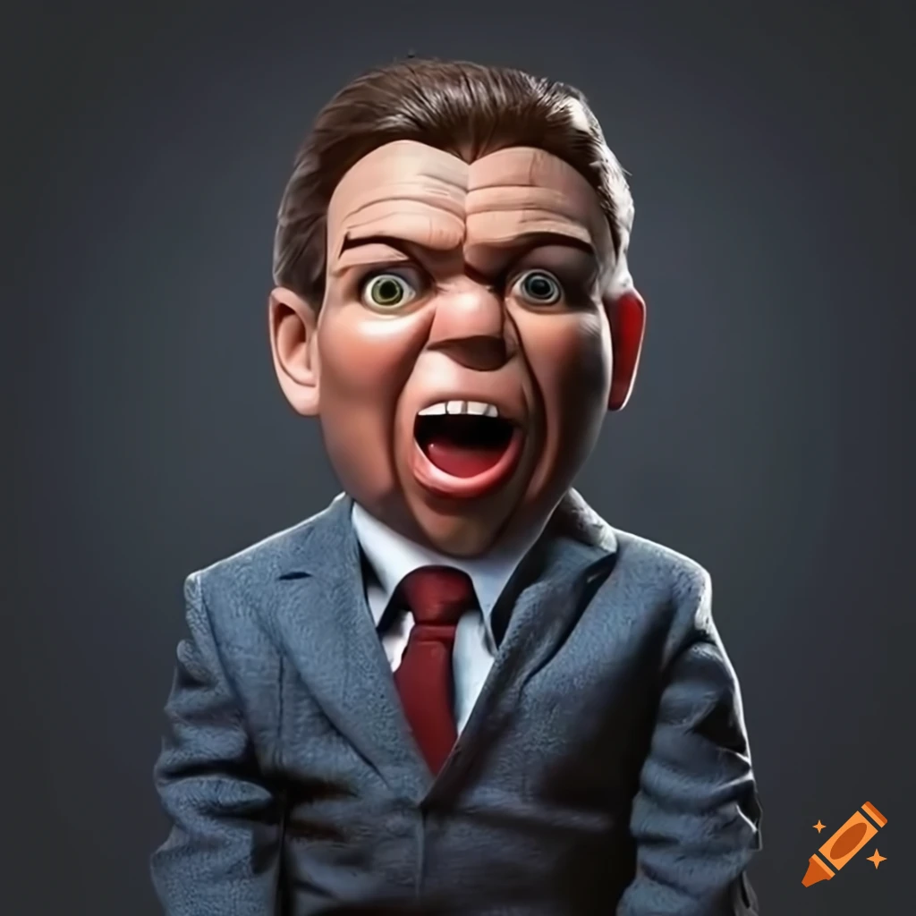 Ron desantis ventriloquist doll angry screaming sitting on a couch
