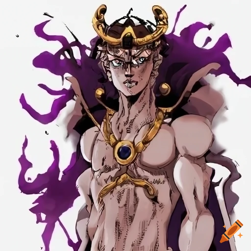 A humanoid jojo's stand designed after rasputin, wearing a large bear