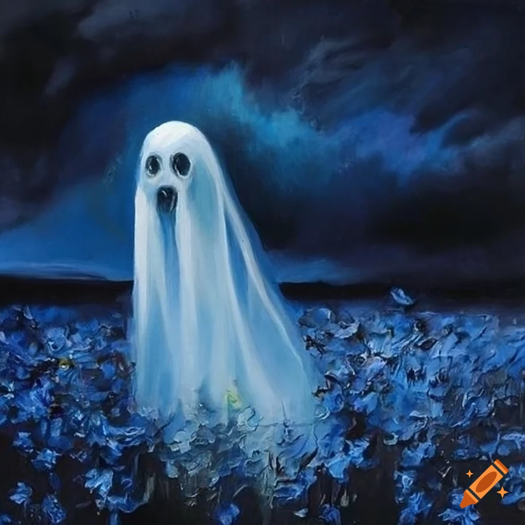 Sheet ghost in a field of blue flowers during a lightning storm, dark