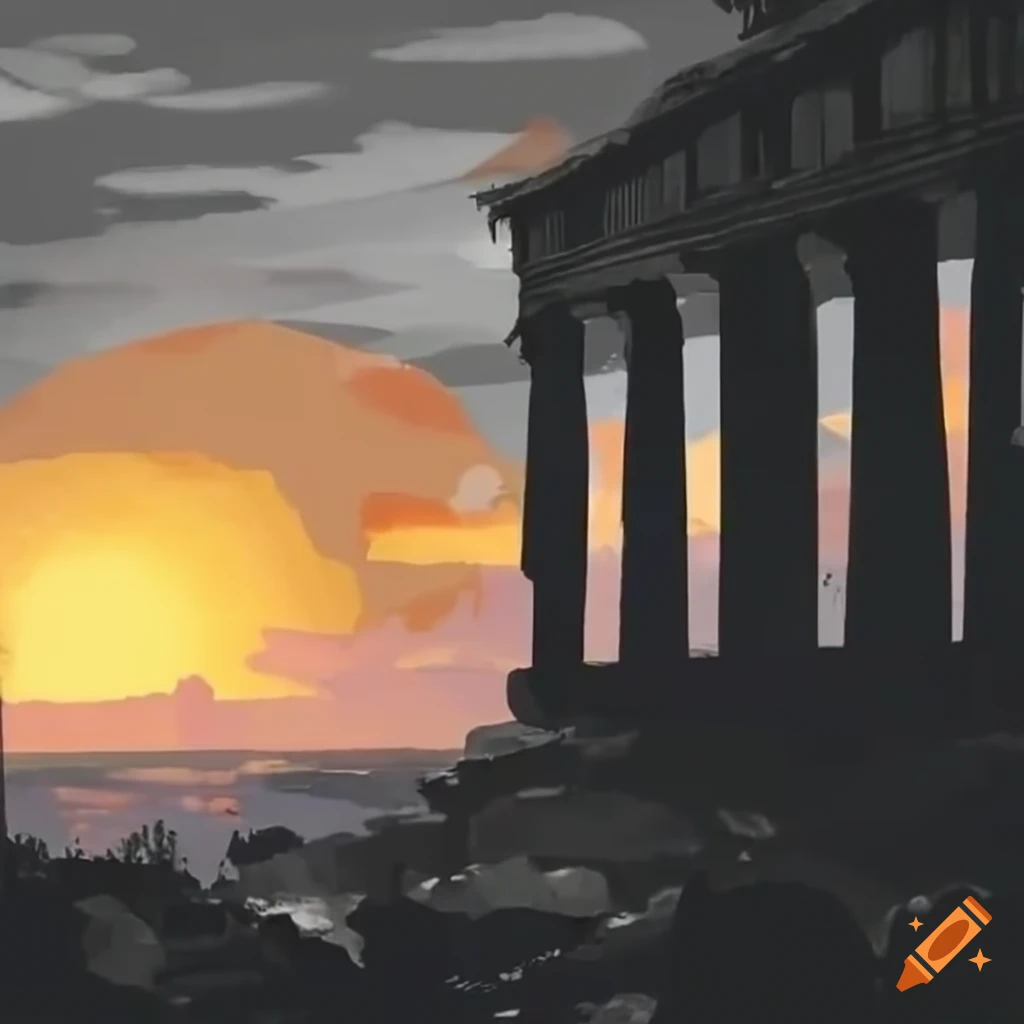 Ancient Greek temple ruins against a beautiful sunset on Craiyon
