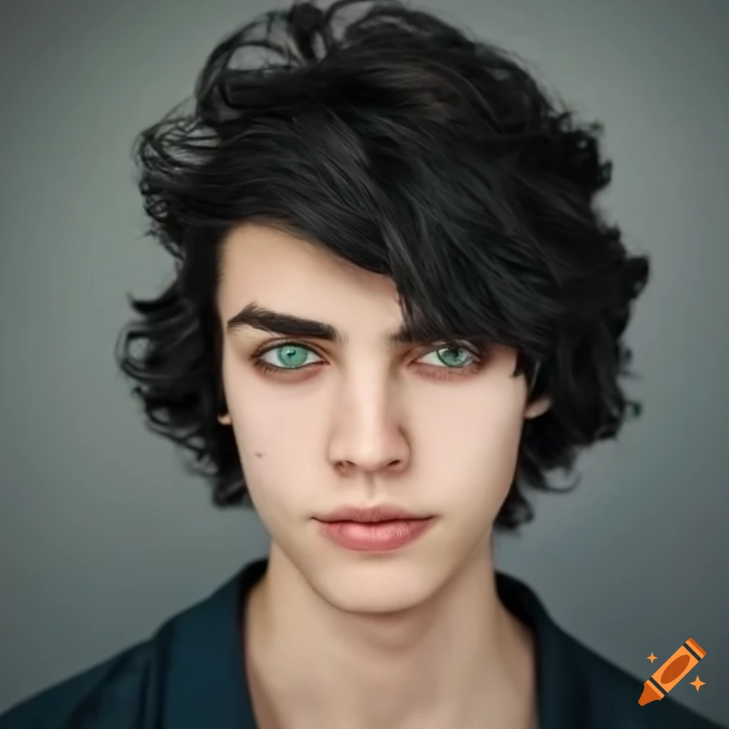 Young man with shoulder length wavy black hair and green eyes on Craiyon