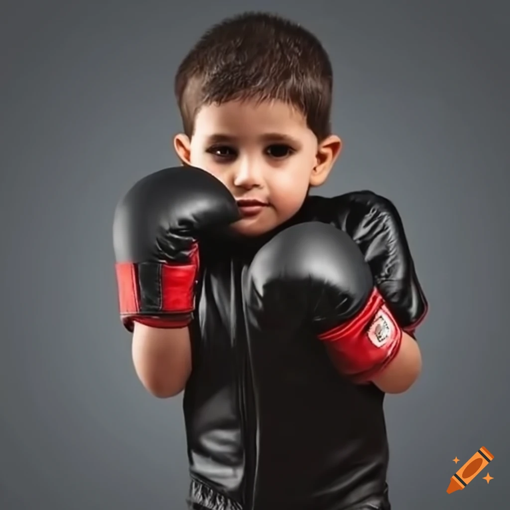 Arab toddler boy wearing boxing gloves and black leather boxing shorts