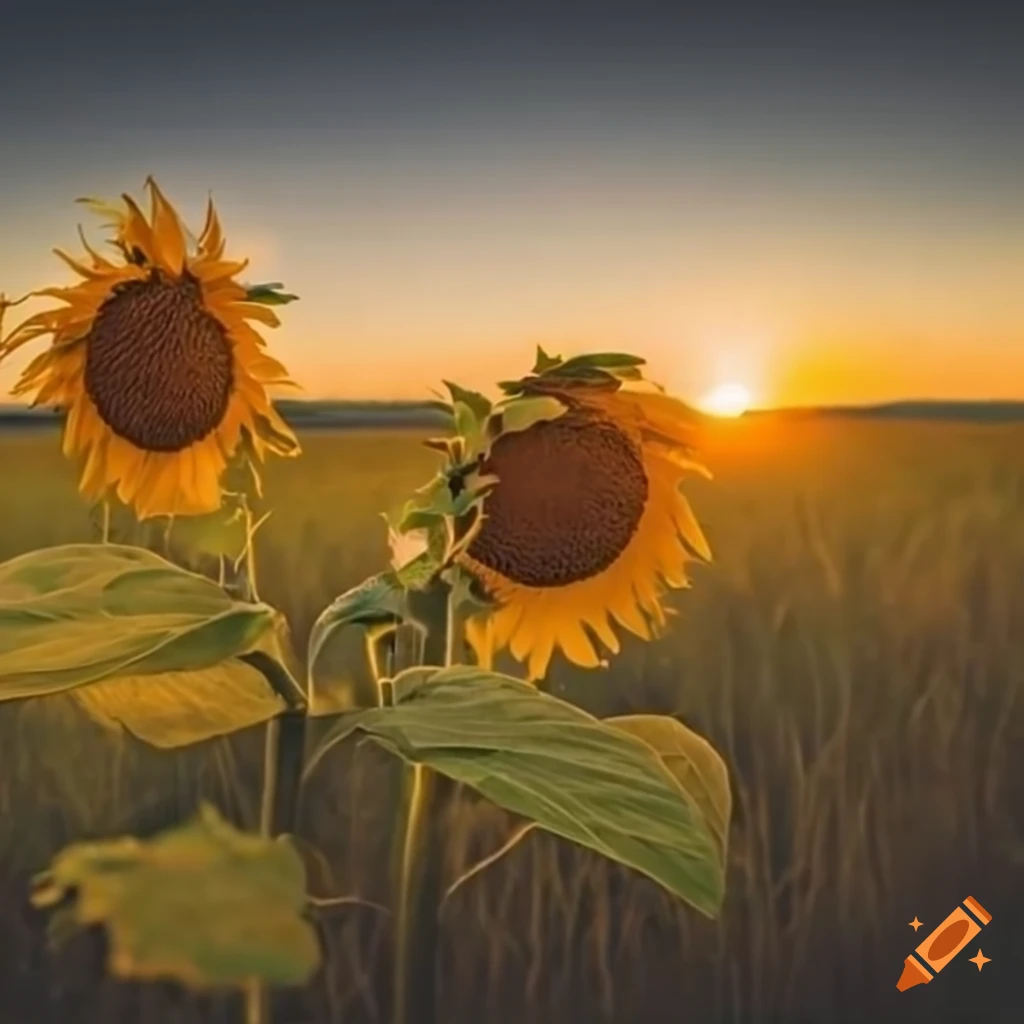 A large field under the sunset where only two sunflowers stand right ...