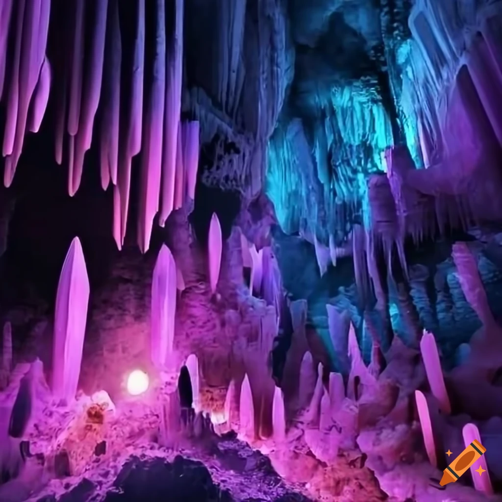 Deep crystal caverns with crystals all along the walls and floors in