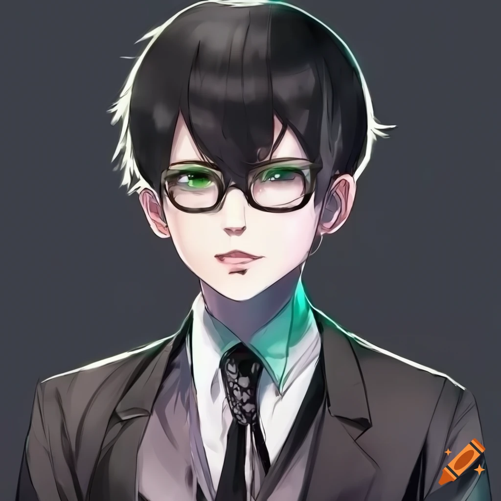 An anime boy with short jet black hair glasses and a green tie and black blazer and black eyes