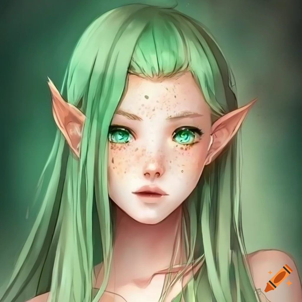 Beautiful anime elf girl, freckles, long fair hair, fair hair, green eyes,  light green loose dress on Craiyon