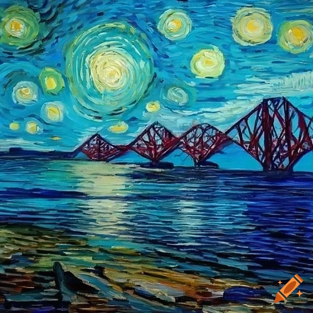 A painting of the forth bridges in Scotland in the style of van gogh