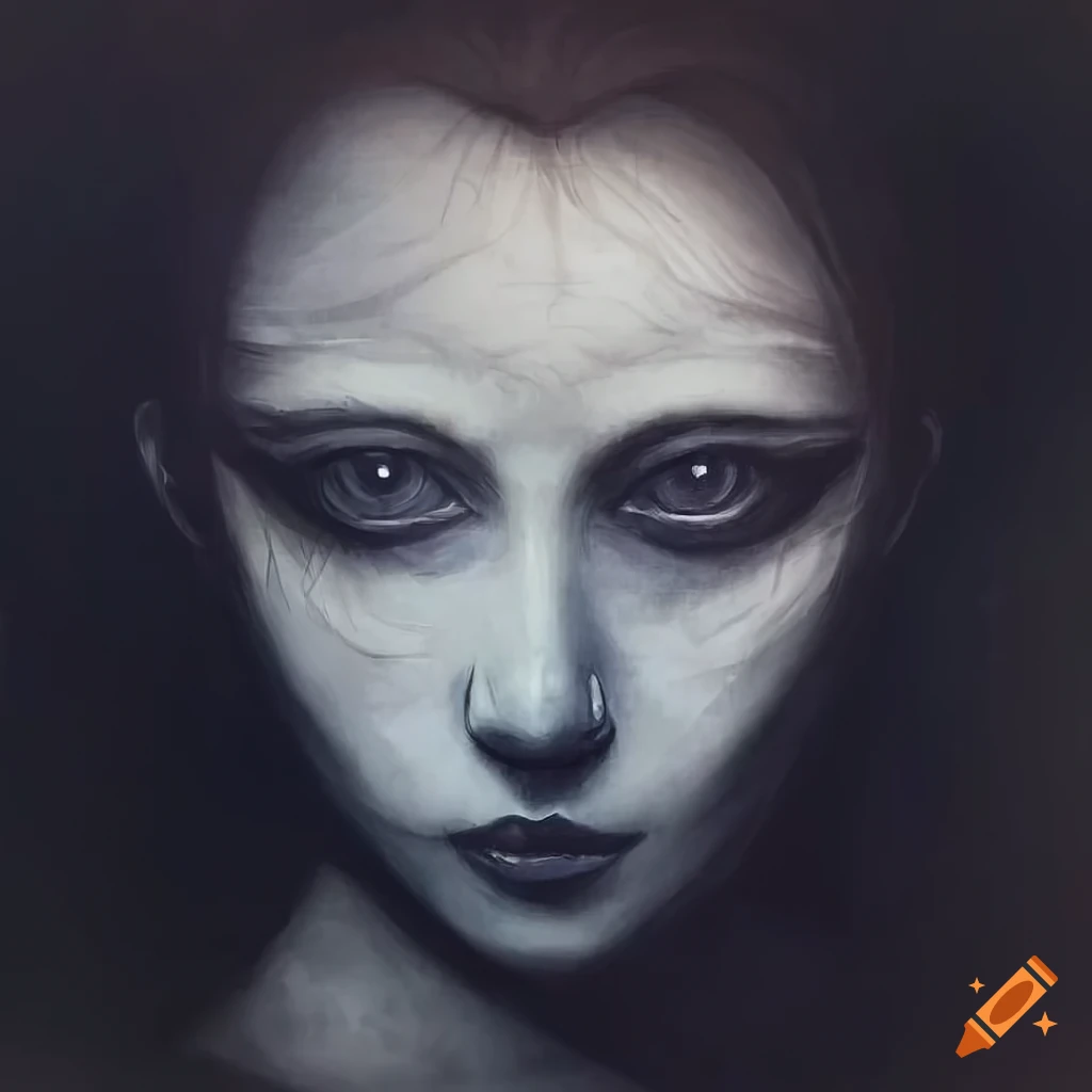 A hyper detailed, intricate white chalk portrait on dark black slate background of an unusual