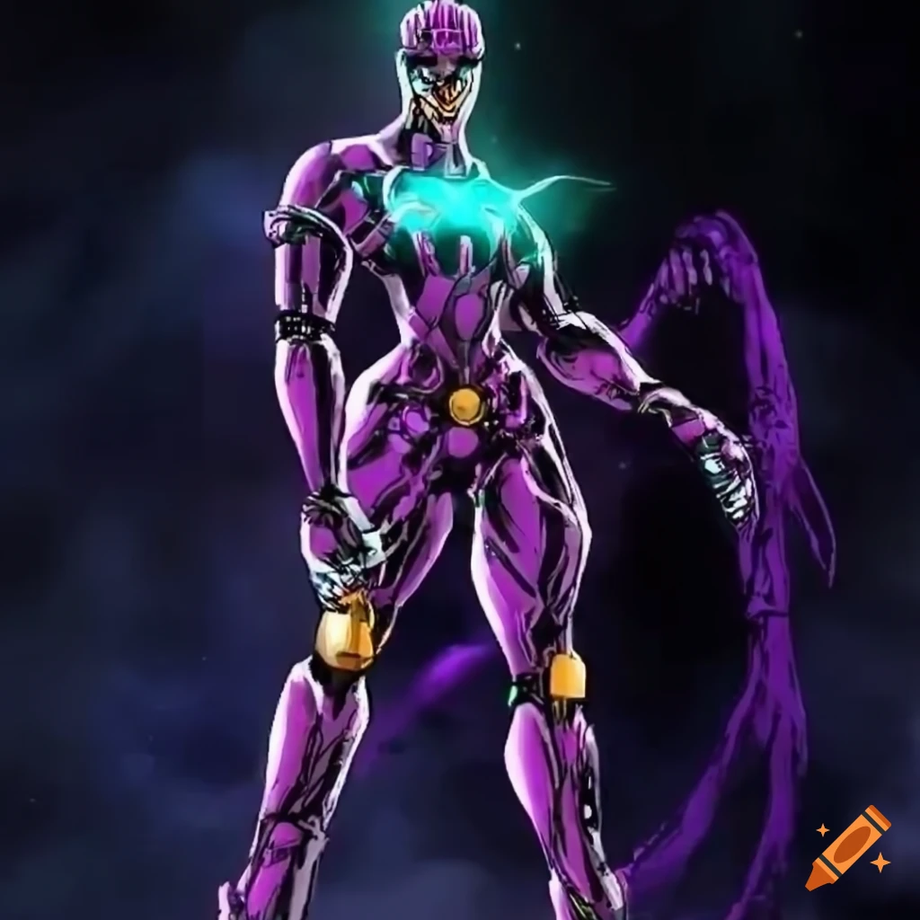 Anime stand, jojo stand, black stand, black hole in the chest, strong  stand, head like a knight, standing like jojo pose, can control a black  hole, mixed space helmet with knight helmet (((