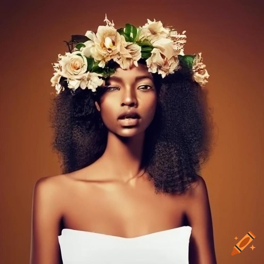 Light skinned african/european supermodel dressed in white, with crown of flowers on Craiyon