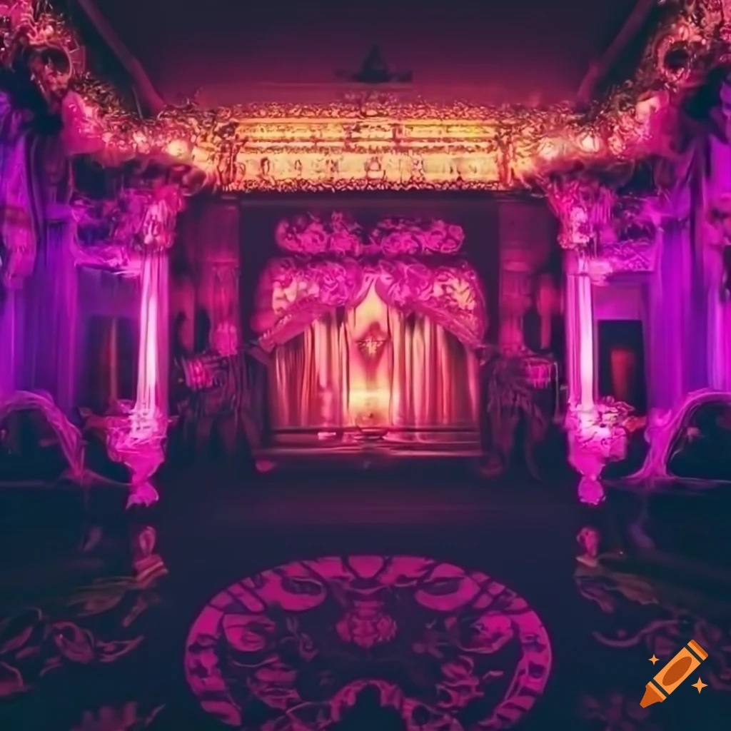 Cabaret club background, main colors are magenta, dark yelloz, lights, masterpiece, ultra hd, 4k, cinematic