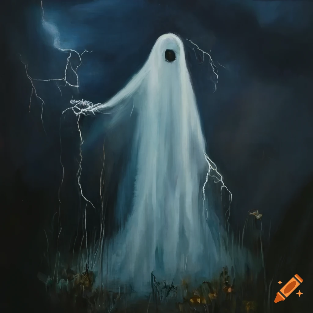 Sheet ghost in a field of flowers during a lightning storm, dark oil ...