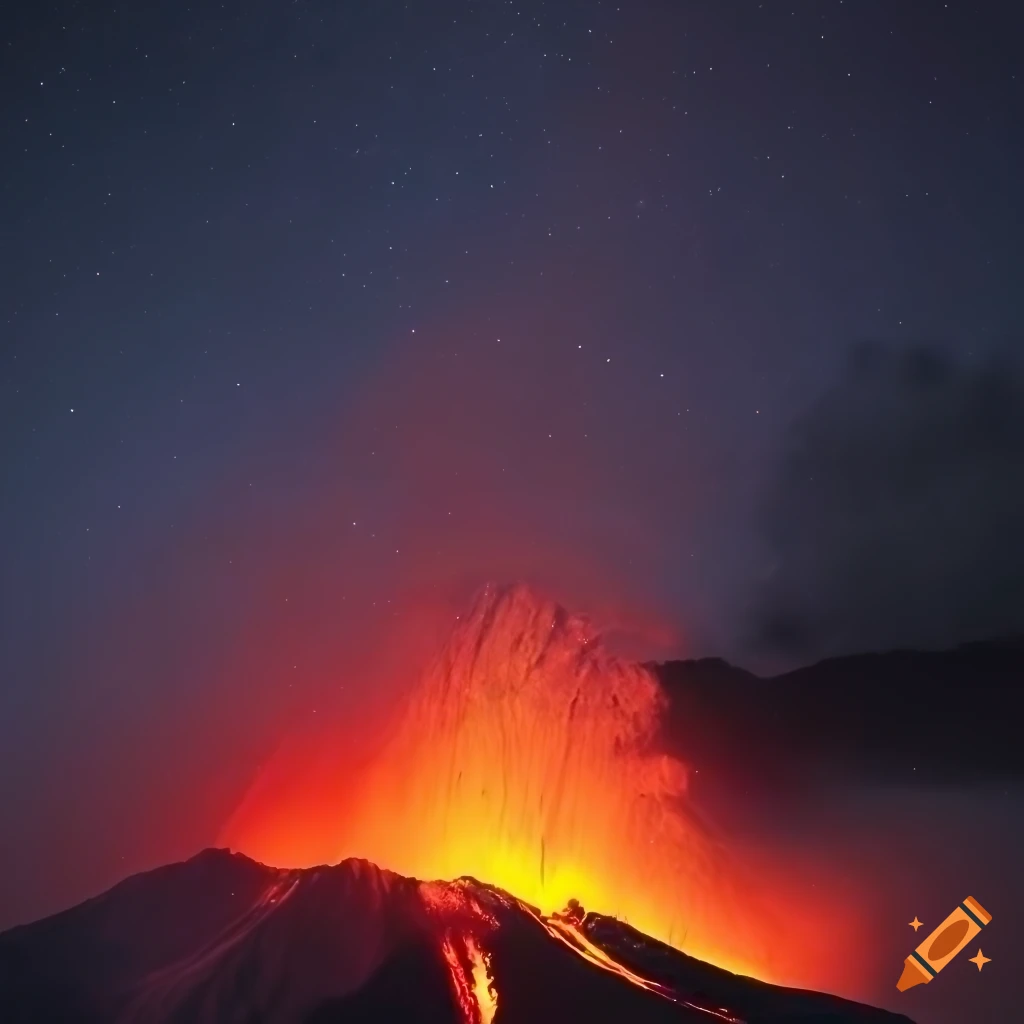 volcano explosion at night