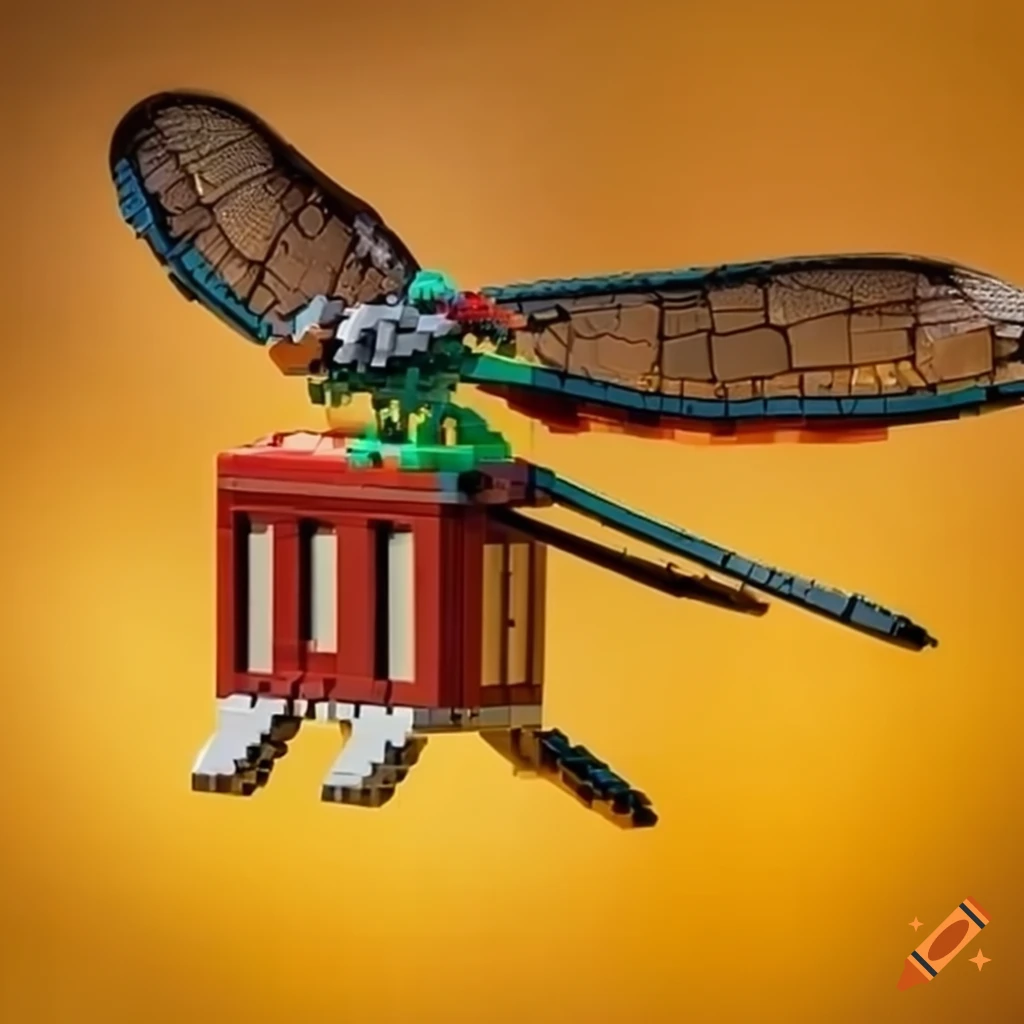 Un bonhomme lego en haut d'une maison avec une libellule on Craiyon