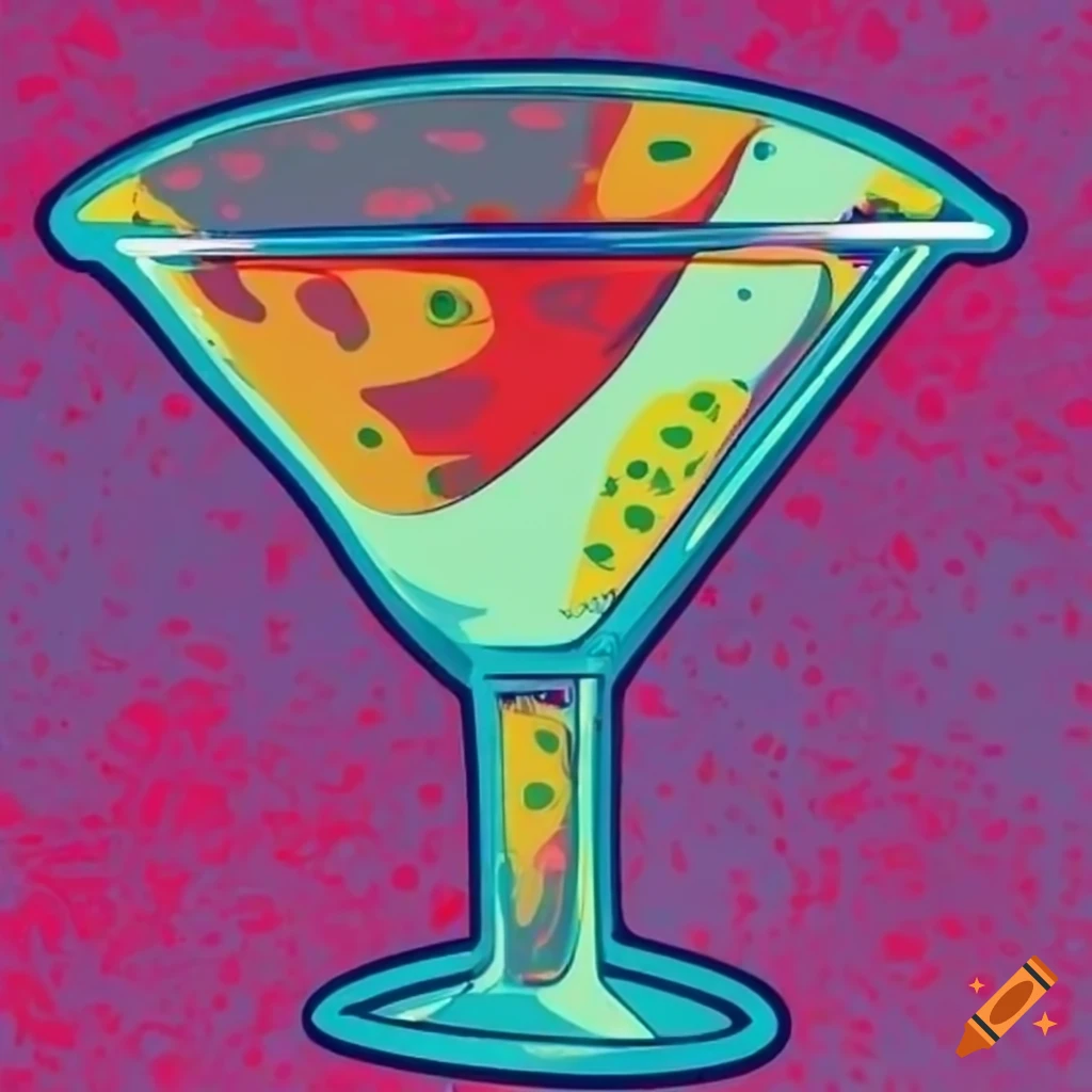 A vibrant retro sticker featuring a pop art martini and alien on Craiyon