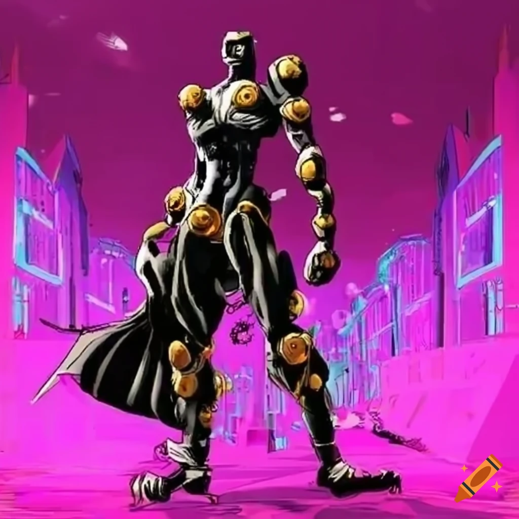 A humanoid jojo's stand with a bulky and imposing physique, with a thick  neck and large shoulders, wearing a trench coat and a hat