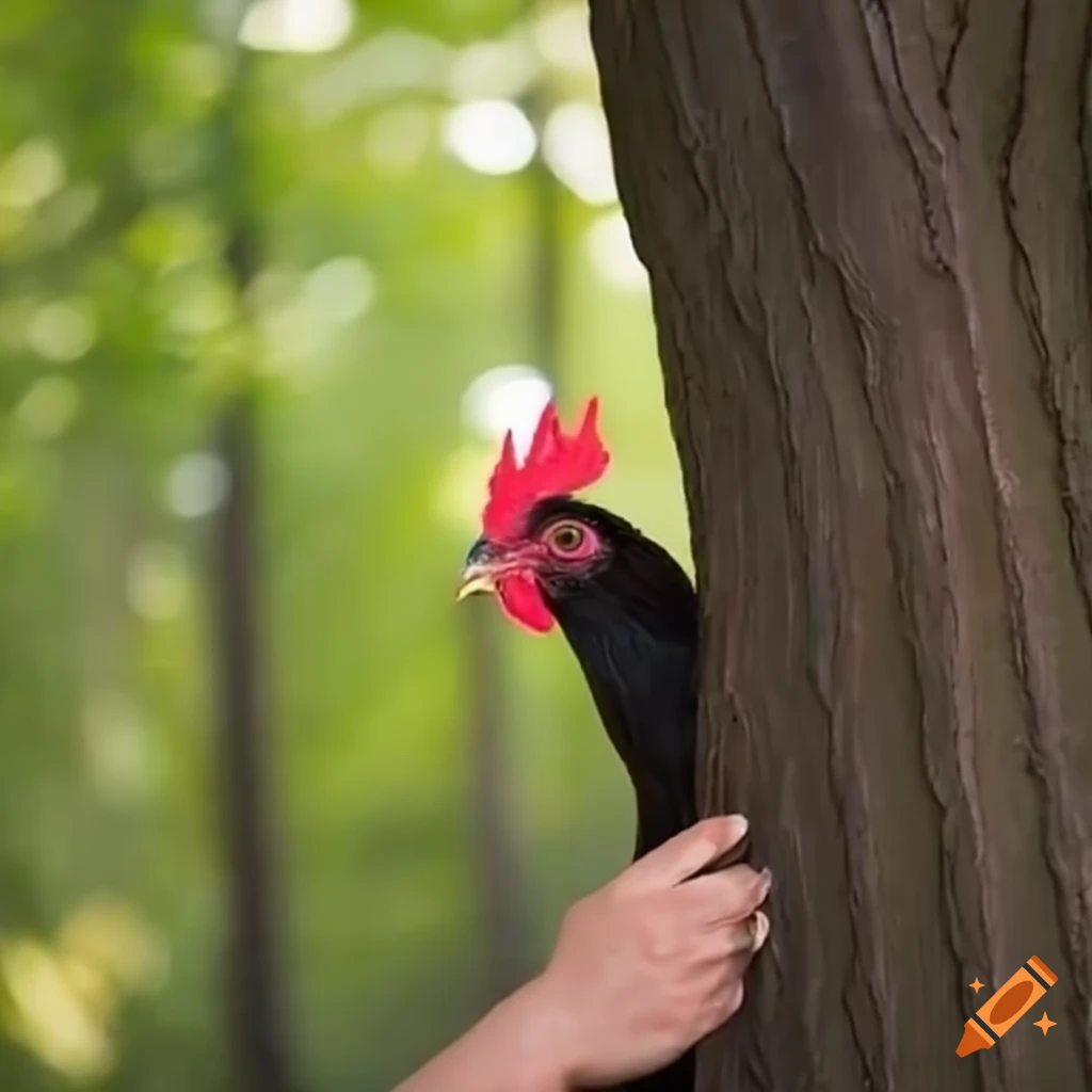 Tom peeking behind a tree with a chicken in hand on Craiyon