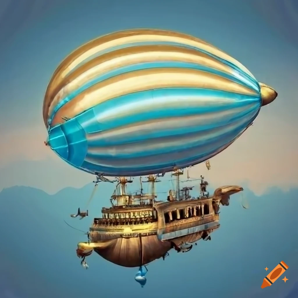 A steampunk airship with vibrant silver, azure and golden colors flying ...