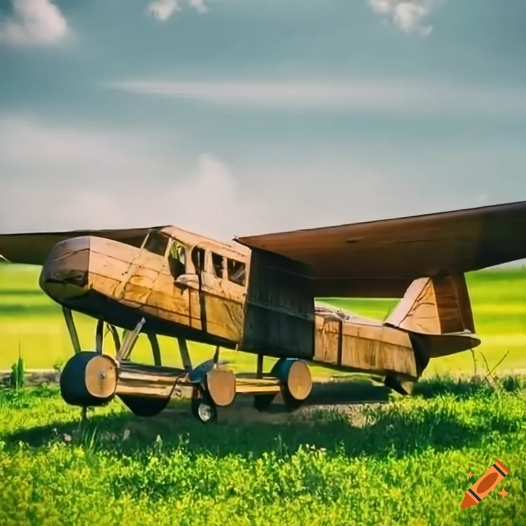 A large wooden airplane parked in a lush green meadow on Craiyon