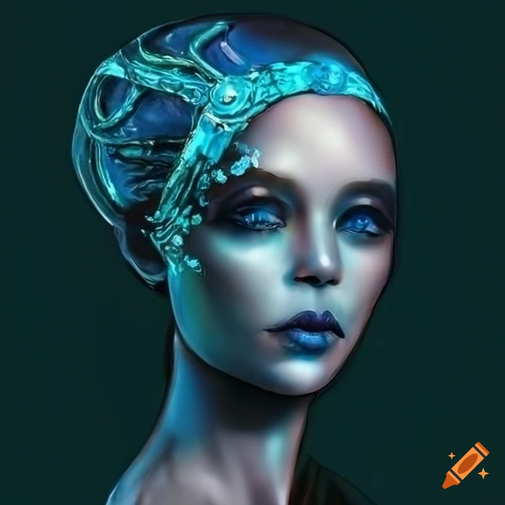 Alien Woman With Blue Skin And Black Hair Wearing Stunning Jewelry Made Out Of Gold Rubys 