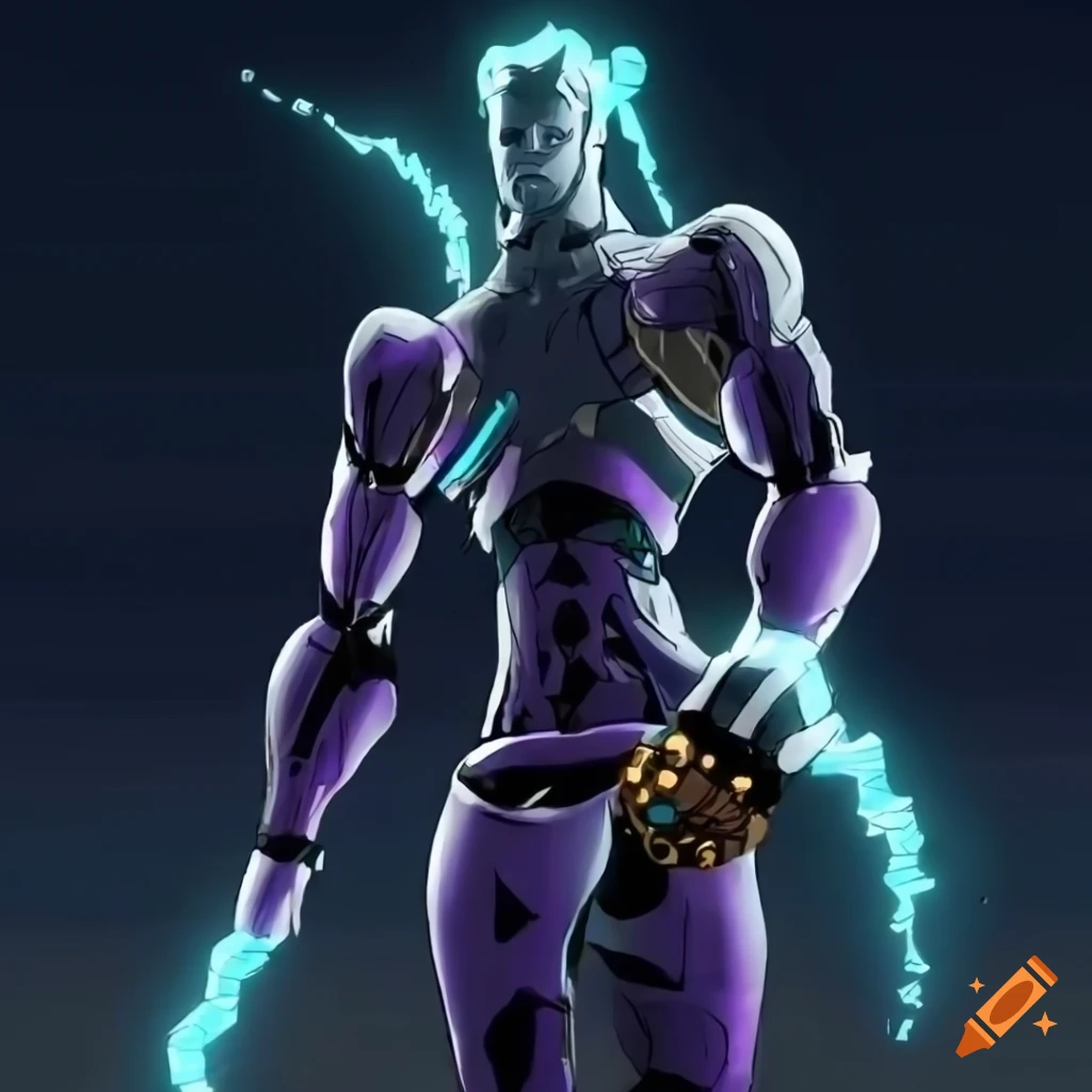 A humanoid jojo's part 4 stand with a sleek and futuristic design, with two  large, metallic hands, and is able to manipulate space and gravity in all  forms, with an astronuatic design