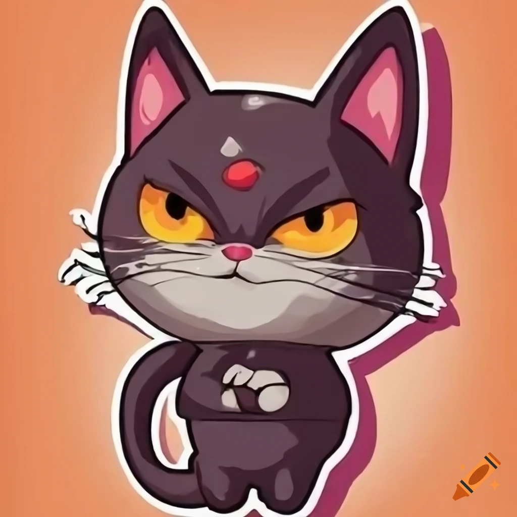 twin-yak944: crazy mad cartoon cat sticker, anime style, solid backgound  color
