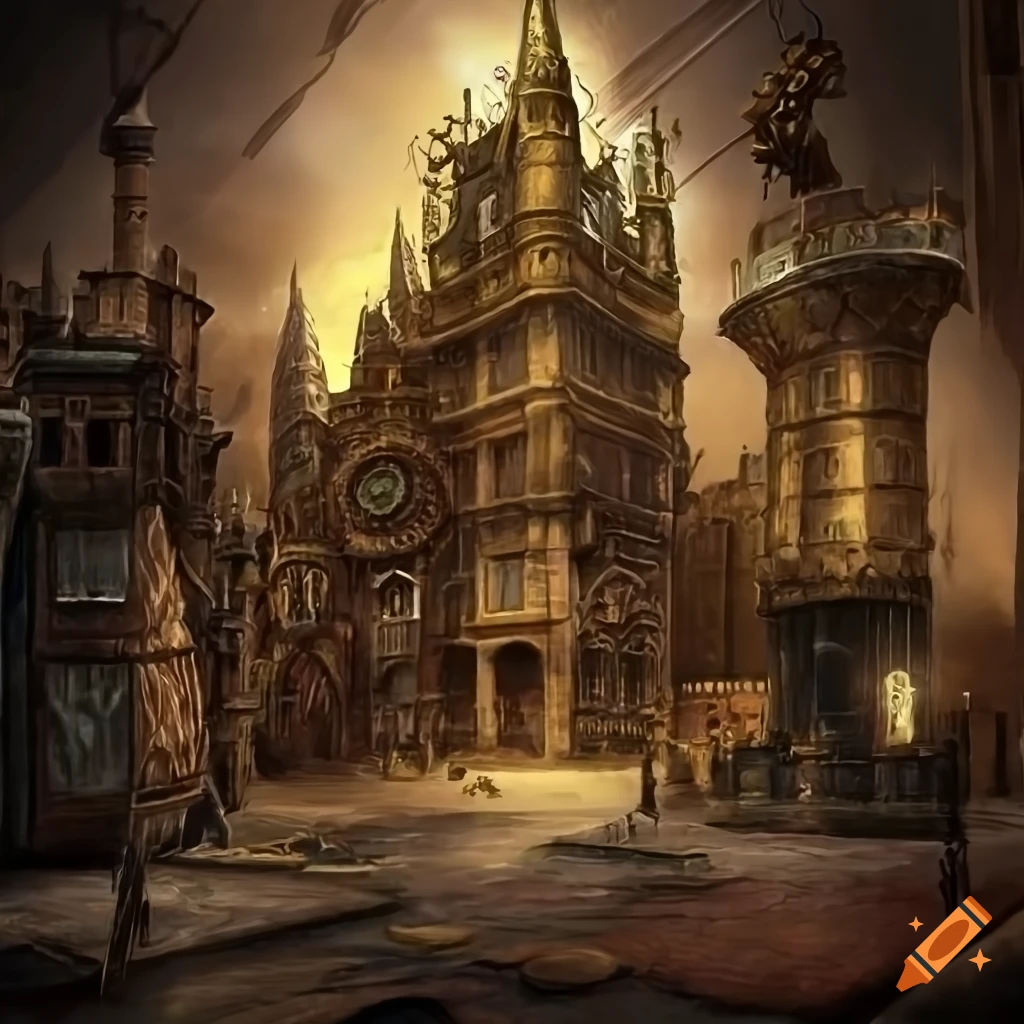 Detailed steampunk city forum on Craiyon
