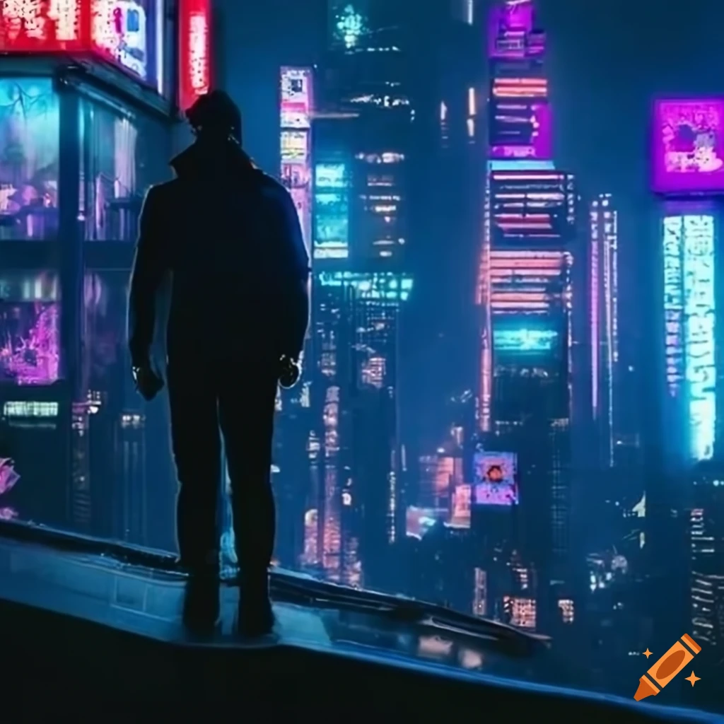 Man needlessly standing on roof overlooking cyberpunk city posing
