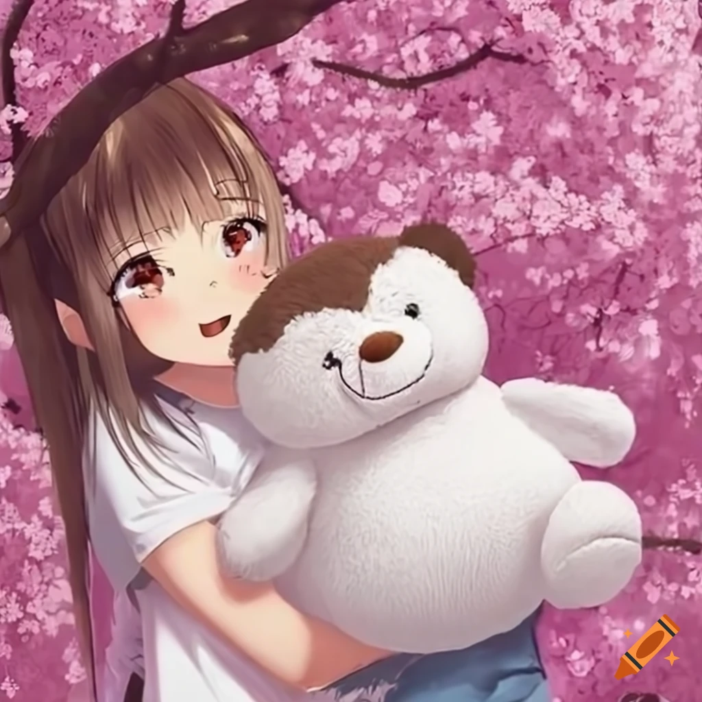 A cute girl hug a white fat teddy bear under the sakura tree
