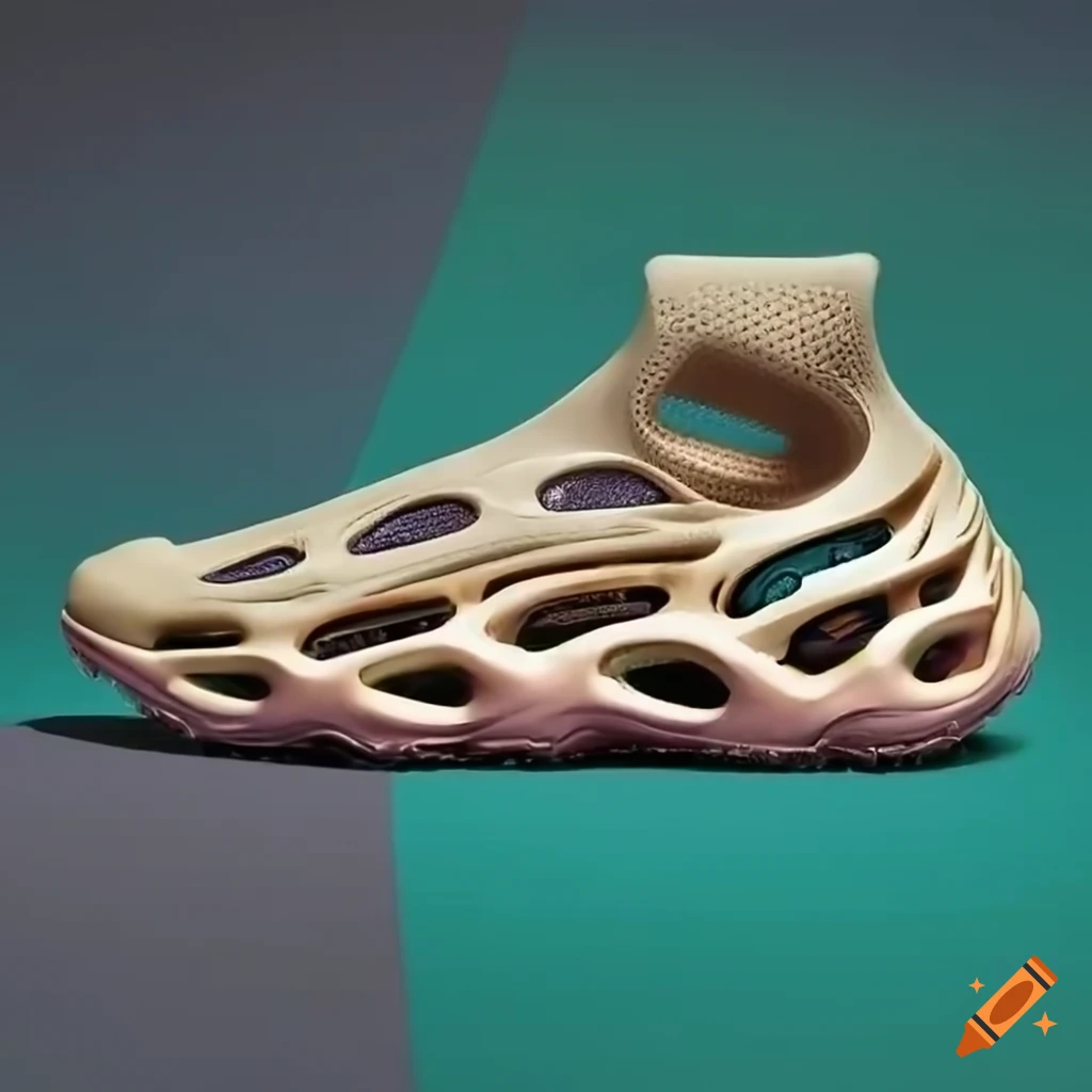 Side view. Futuristic foam alien yeezy hiker shoe collaboration with crocs
