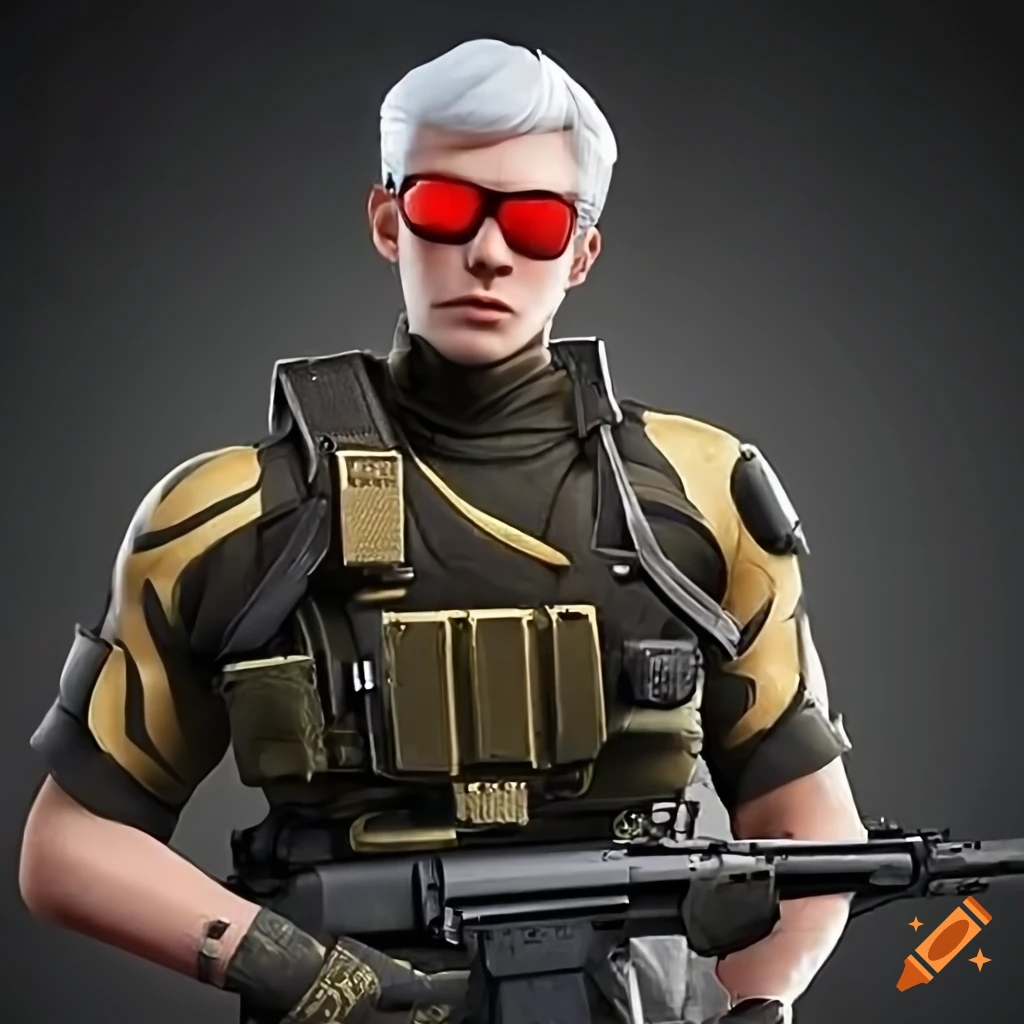 Young pretty male sniper with short white hair wearing red tinted 