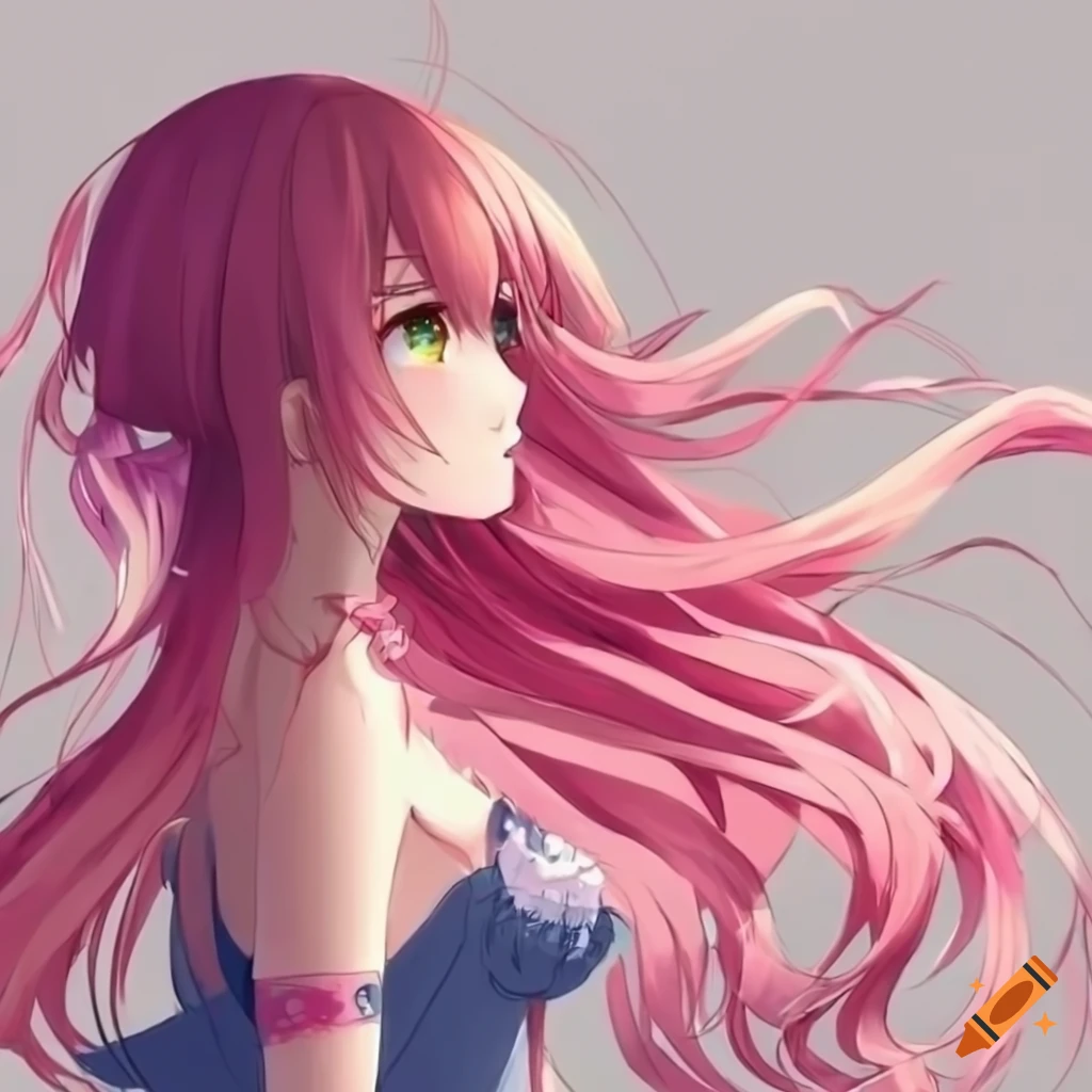 Side profile of anime girl with long pink wavy hair in the wind