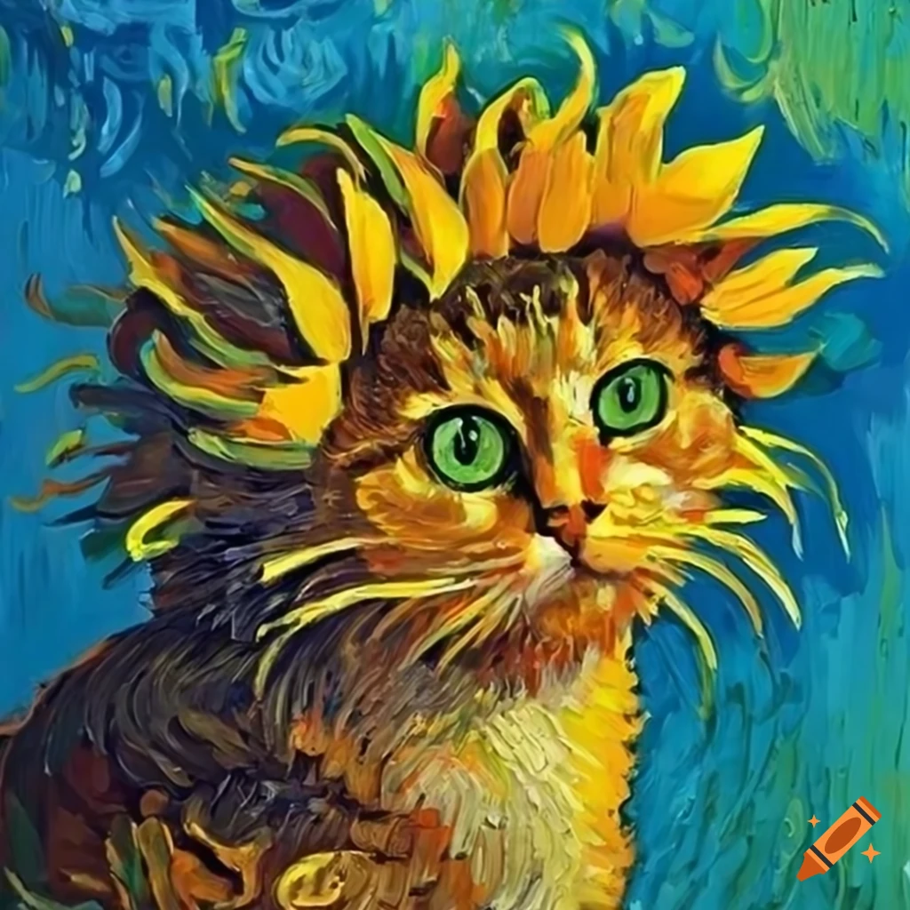 China cat sunflower, oil painting in the style of van gogh, 8k high