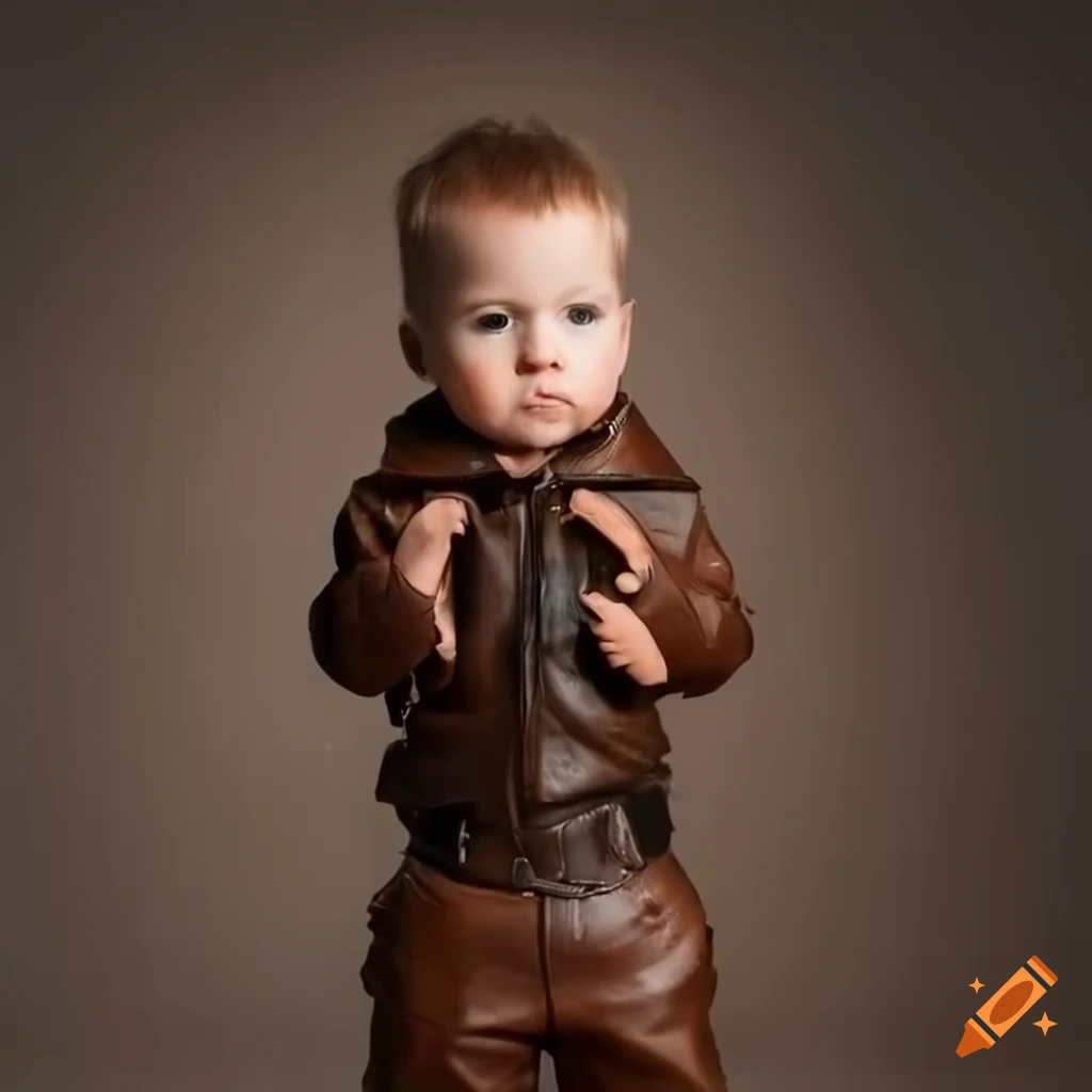 Small toddler boy in leather hunting outfit with dark brown leather