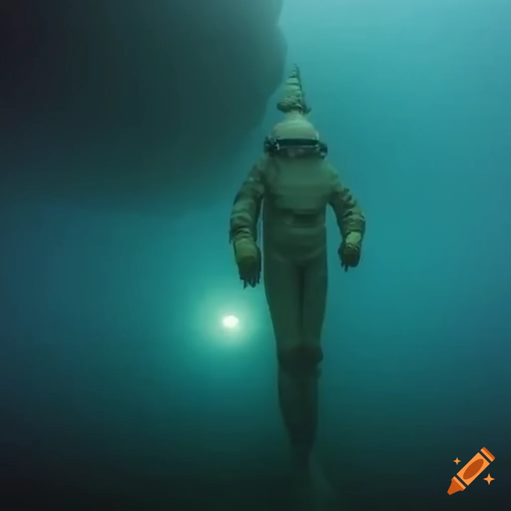 Man in Diving suit exploring a massive submerged temple designed by zdzislaw beksinski