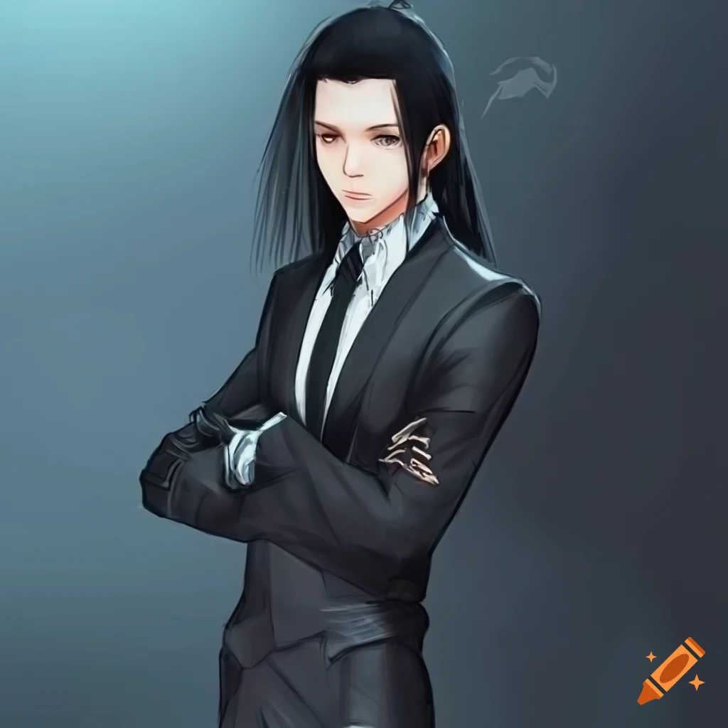 tseng, long black hair, dressed in a black suit from final fantasy VII
