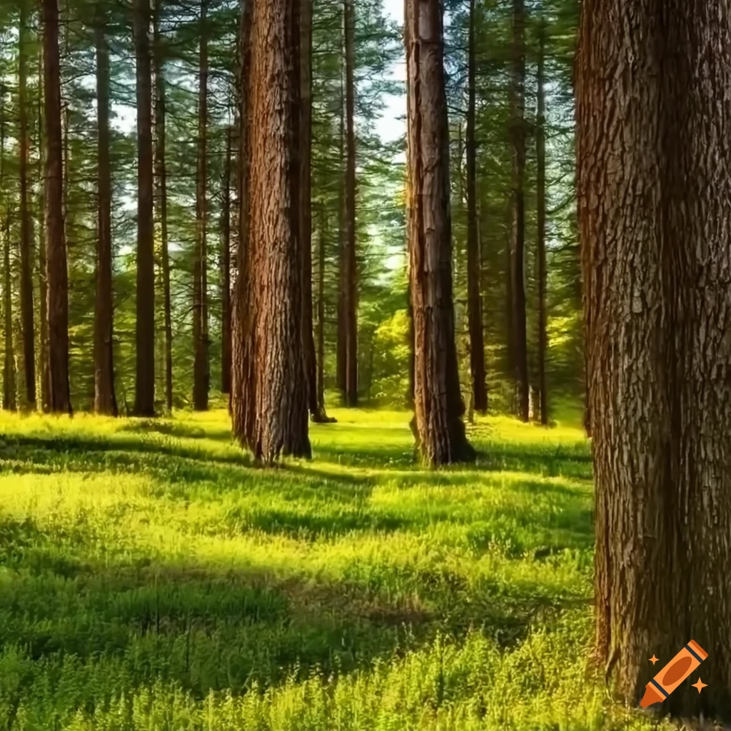 Summer green pine forest on the horizon is isolated. The edge of a forest  with coniferous trees, natural background. Stock Photo