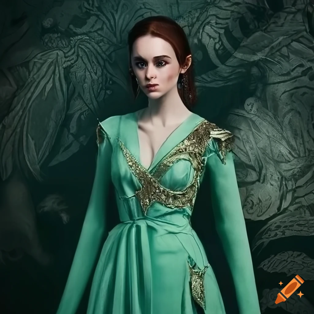 Extremely detailed fantasy, game of thrones style light green wrap dress, made of thin fabric for summer days, embroidered with plety of jewels, belts and small gold armor pieces on Craiyon Extremely detailed fantasy, game of thrones style light green wrap dress, made of thin fabric for summer days, embroidered with plety of jewels, belts and small gold armor pieces on Craiyon