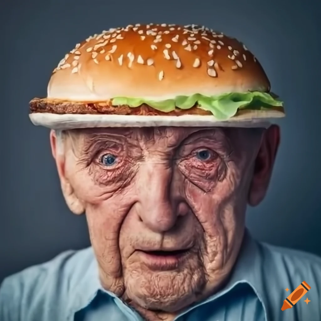 Old man with cheeseburger on head