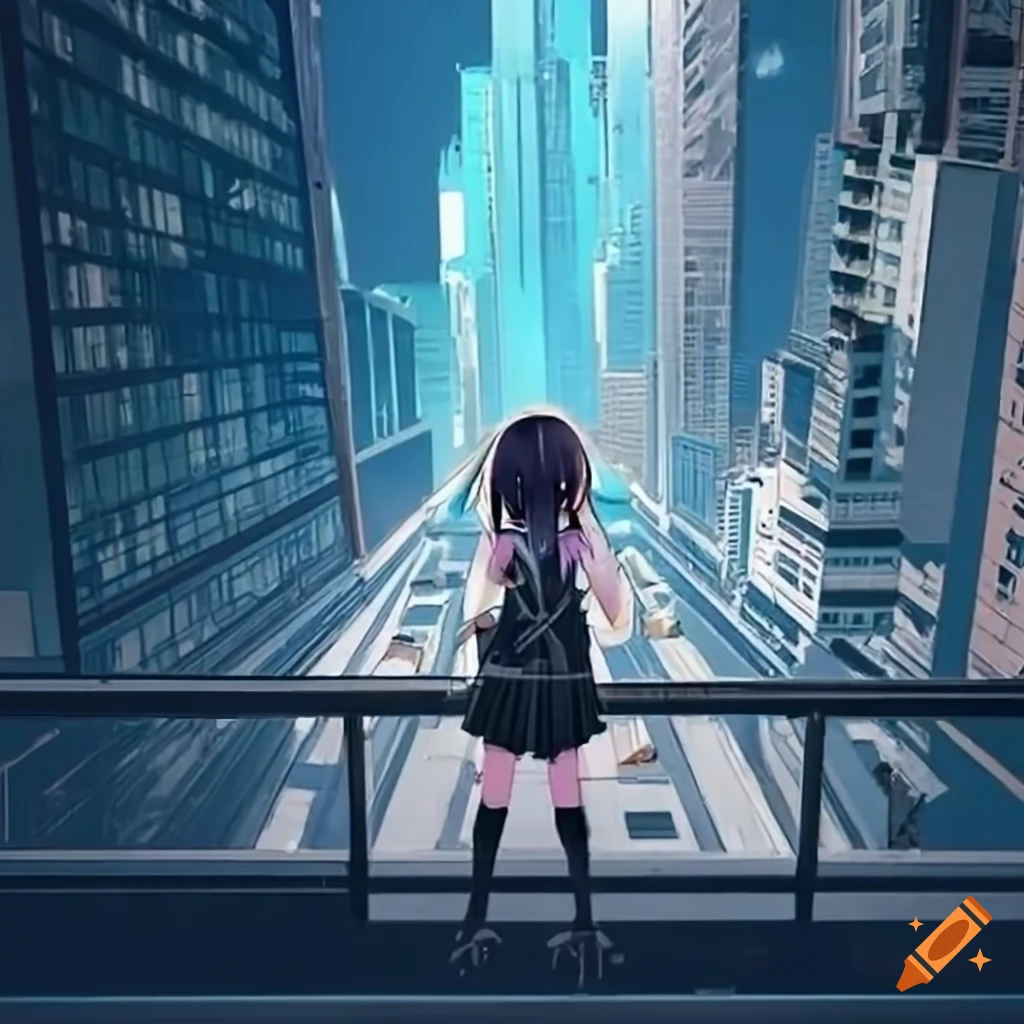 An insanely hyperdetailed stunning breathtaking anime painting of a  cybernetic woman standing atop a skyscraper overlooking a futuristic cit...  - AI Generated Artwork - NightCafe Creator