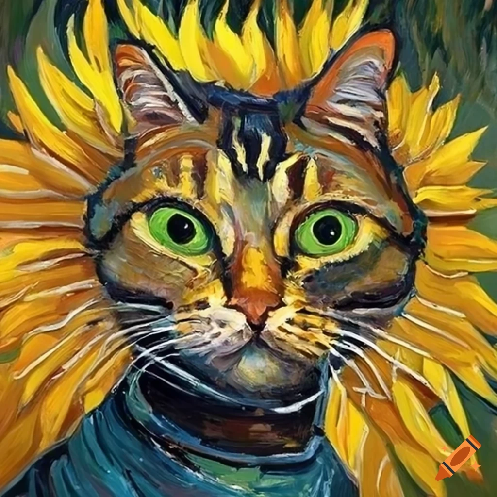 China cat sunflower, oil painting in the style of van gogh, 8k high